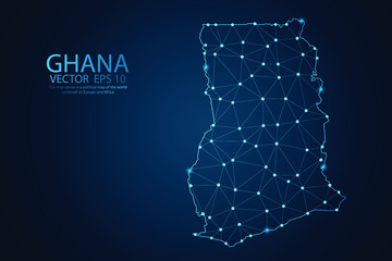 Abstract mash line and point scales on dark background with map of Ghana. Wire frame 3D mesh polygonal network line, polygon design sphere, dot and structure. Vector illustration eps 10.