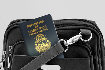 Close up of Costa Rica Passport in Black Travel Bag Pocket