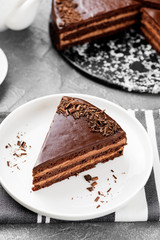Yummy layered chocolate cake on a white plate.