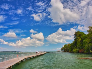 Fototapeta na wymiar A boardwalk over water at Chek Jawa wetland at Pulau Ubin island.