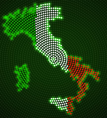 Italy map of glowing radial dots with flag inside. Vector illustration