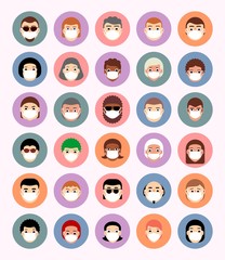 Set masked faces in circles, avatars, icons, people of different nationalities in flat style. Danger of virus covid-19 infection