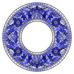 Illustration in stained glass style flower frame,blue flowers and leaves on a white background