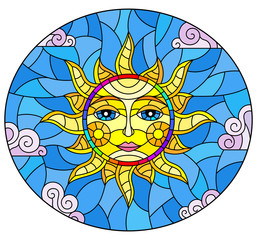 Illustration in stained glass style with fabulous sun with the face on the background of sky and clouds, oval image