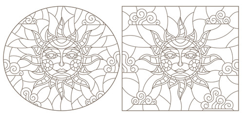 Set contour illustrations of stained glass sun with face, oval and square image, dark outline on a white background , isolate