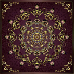 Vintage background mandala card with golden lace ornaments and art deco floral decorative elements