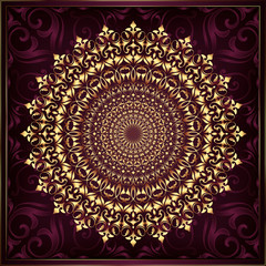 Vintage background mandala card with golden lace ornaments and art deco floral decorative elements