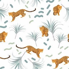 Seamless pattern with leopards and tropical palm leaves. Trendy style. White background.