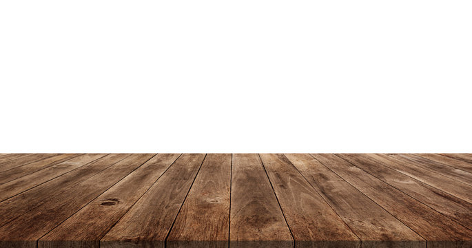 Wood Floor Perspective View With Wooden Texture On White Wall Background