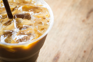 ice coffee on wooden table