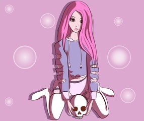 Millennial teenager in pastel goth clothes holding a skull in her hands. Girl with pink hair sitting. Divination and ritual conceptual art.