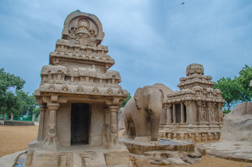 Fototapeta premium Five Rathas are UNESCO World Heritage Site located at Mamallapuram aka Mahabalipuram in Tamil Nadu, India