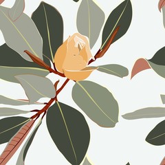 Floral seamless pattern, yellow Anise magnolia flowers and leaves on light brown, pastel vintage colors.