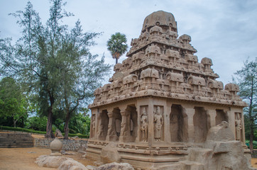 Fototapeta na wymiar Five Rathas are UNESCO World Heritage Site located at Mamallapuram aka Mahabalipuram in Tamil Nadu, India