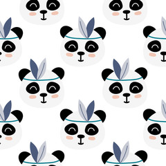 Panda and stars hand drawn seamless pattern. Cute childish drawing. Baby wrapping paper, textile, vector illustration