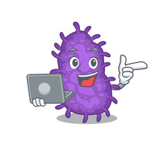 Cartoon character of bacteria bacilli clever student studying with a laptop