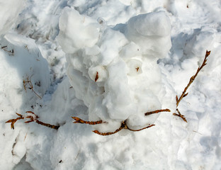 snowman's face made of branches and snow