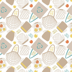 Seamless pattern with reusable cloth and string bags for fabric, packaging paper. Less plastic, zero waste, eco friendly, waste reduce, sustainable lifestyle concepts. Flat. Vector stock illustration.