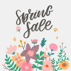 Spring Sale Word Hanging on Leaves with Strings. Vector Illustration flowers