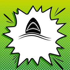 Shark sign. Black Icon on white popart Splash at green background with white spots. Illustration.