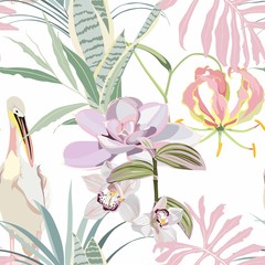 Seamless pattern: Succulent flower plant and pelican, hand drawn beautiful elements. Nature botanical art elegant greenery wallpaper background print design Lovely various echeveria exotic bouquet.