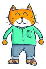 Cute and funny cat standing wearing tosca green shirt