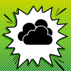 Cloud, Cloudy sign. Black Icon on white popart Splash at green background with white spots. Illustration.