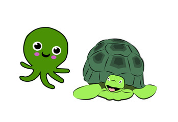 turtle and octopus isolated on white background.wildlife concept.
