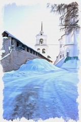 The ancient Kremlin in the city of Pskov. Imitation of a picture. Oil paint. Illustration