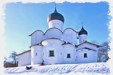 Pskov. People rest next to the Vasilievskaya church. Imitation of a picture. Oil paint. Illustration