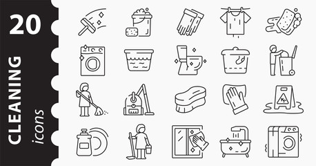 Set of cleaning icons. Vector linear illustration in flat style.