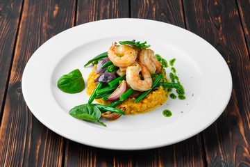 Lenten salad with shrimp, green bean, roasted onion and green buckwheat