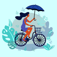 A nice walk on the bike. A young girl rides a Bicycle with an umbrella.Flat hand drawn elements. Leaves and stems of plants.Green and purple colors.