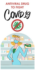 Happy young woman pharmacist sells medications in pharmacy interior. Pharmacology and healthcare vector concept. Medical shop and store, pharmaceutical drugstore illustration