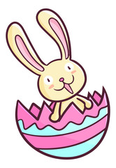 Cute and funny rabbit coming out from easter egg