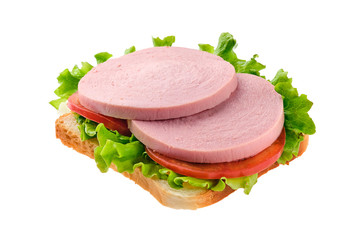 Sandwich with salad, tomato and sausage isolated on white