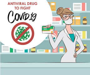 Happy young woman pharmacist sells medications in pharmacy interior. Pharmacology and healthcare vector concept. Medical shop and store, pharmaceutical drugstore illustration