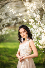 portrait of a beautiful bride in a wedding dress in blooming gardens, wedding photo session.
