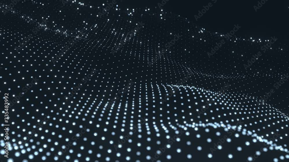 Wall mural futuristic grid wave of blue digital dots data smooth seamless animation on dark with dim light back