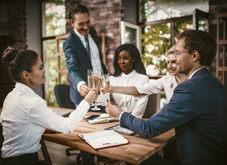 Business Event, Smiling Office People holding Glasses With Alcohol