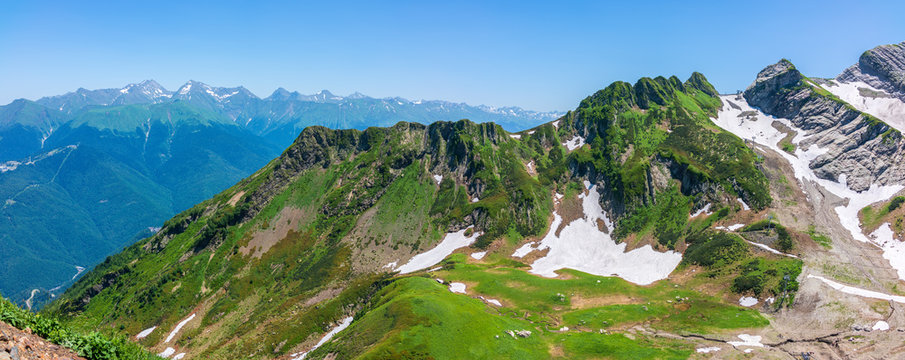 The top of the rocky mountain with the cable car. Krasnaya Polyana, Sochi, Russia. Ski resort at summer.