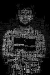 Young man portrait with tag words or text over black background. Yoga, sport, fitness, traning conceptual photo. Digital art text portrait effect.