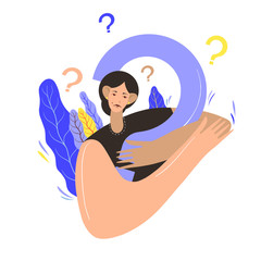 Woman think. Questions. Thinking girl concept. Think about problems, finance, life, relationships etc. Girl solves a problem. Mom doubts. Cartoon thinking woman with question marks. Vector flat illust