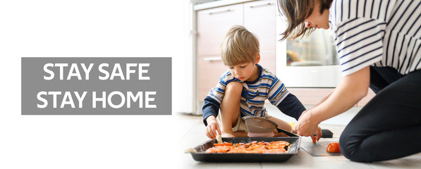 happy family make food at home. mom and her kid son cooking pizza. concept of isolation time in quarantine coronavirus covid-19. banner. text in frame stay safe stay home ofl font on white background