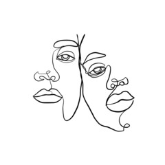 Pair of female portraits drawn by one continuous line in a minimalistic fashionable style. 