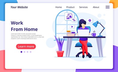 Work from home concept, A woman sitting at desk and work on laptop, stay at home, Quarantine during the Coronavirus Epidemic. Modern flat web landing page design template. Vector illustration