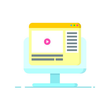 Monitor of computer or PC with video website popup simple flat illustration design vector