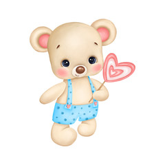 Cute teddy bear in blue overalls with a candy heart on a white background
