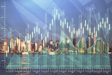 Forex chart on cityscape with tall buildings background multi exposure. Financial research concept.