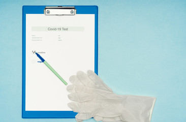 Coronavirus, covid-19. Coronavirus test results on a blank, blue background. Protective mask and gloves. Self-isolation and quarantine, personal protective equipment.